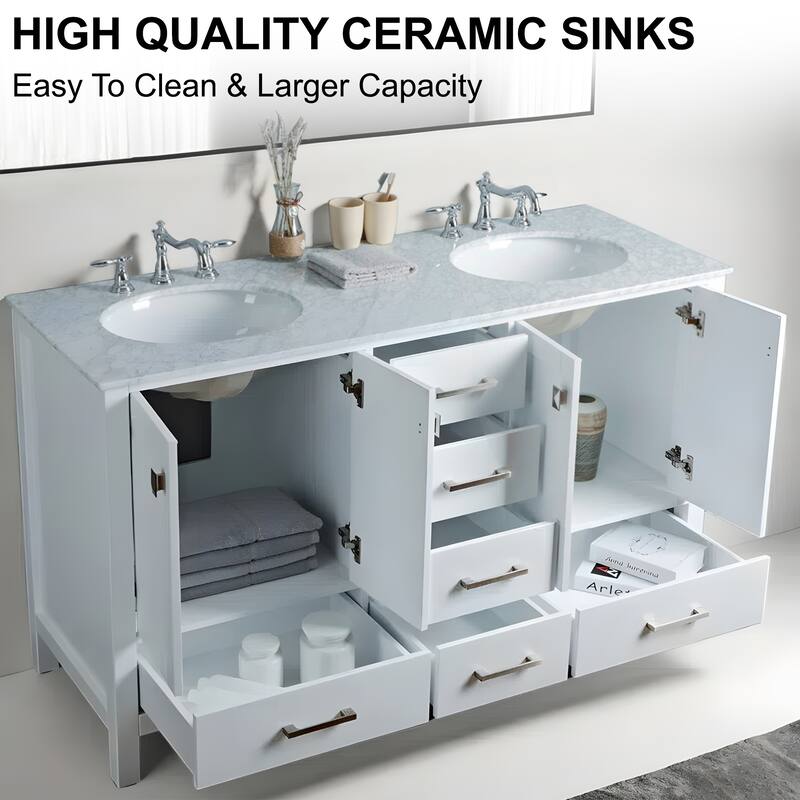 60 in. W x 22 in. D x 36 in. H White Bath Vanity with Double Sink and White Vanity Top, Ample Storage