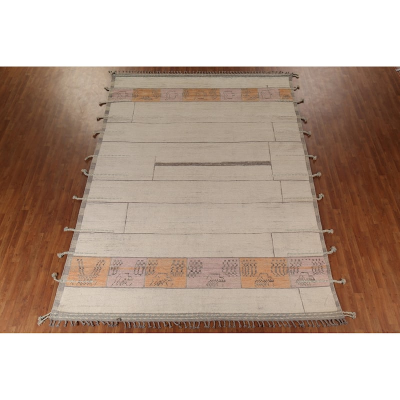 Moroccan Oriental Area Rug Handmade Beige Wool Carpet - 8'11"x 12'6"