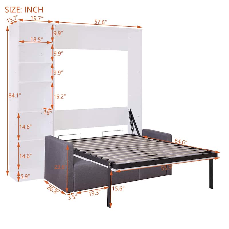 Twin/Full Size Murphy Wall Bed with Sofa and Storage Shelves, Foldable Space-Saving Design for Guest Rooms