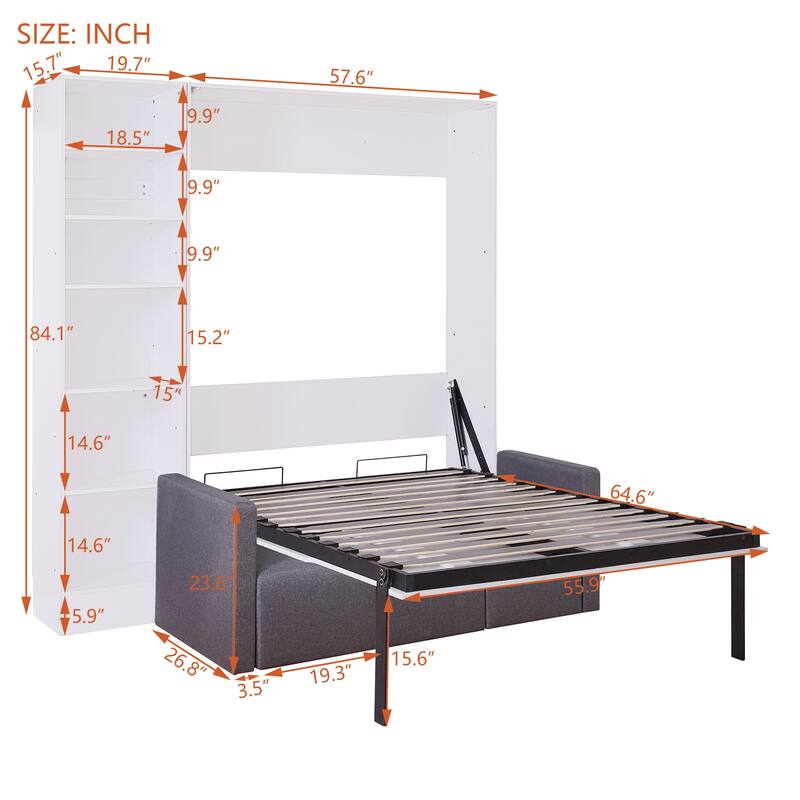 White Full Size Murphy Bed with Sofa and Built-in Shelves, Space-Saving Design