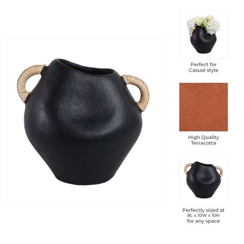 Handcrafted Terracotta Vase with Woven Handles for Modern Home Decor