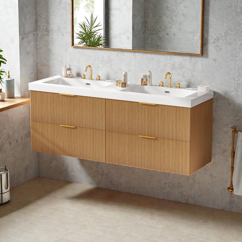 59.3" Double Sink Bathroom Vanity, Wall Mounted Cabinet with SMC Integrated Top and 4 Soft-Close Drawers