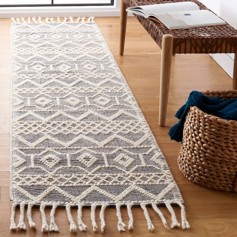 SAFAVIEH Handmade Natura Fehrat Wool Braided Tassel Rug - 2'3" x 9' Runner - Ivory/Black