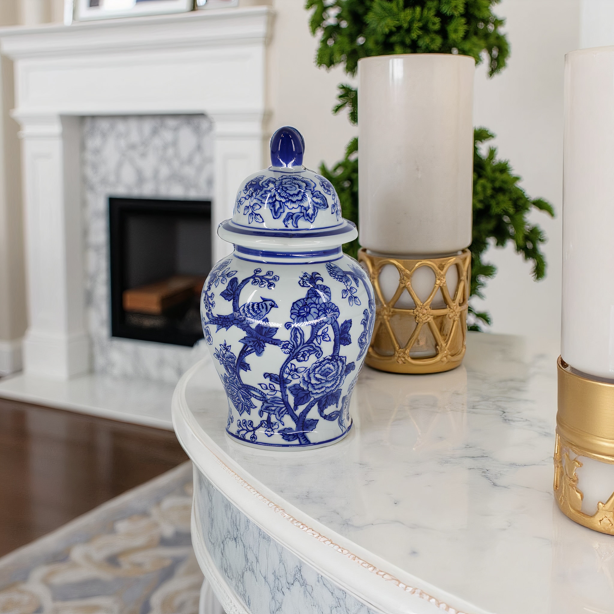 Ceramic Chinoiserie Bird and Flower Decorative Temple Jar