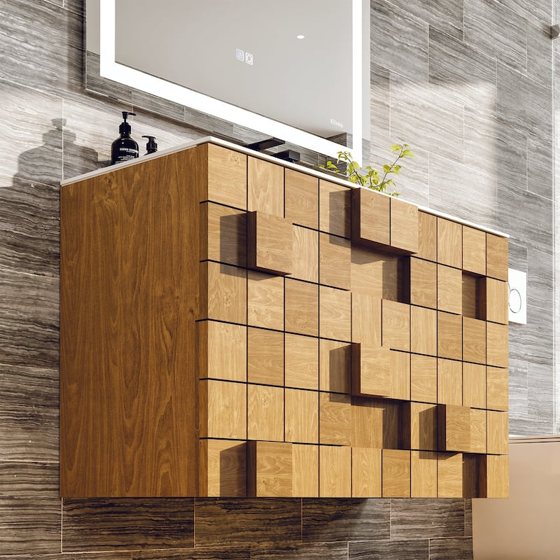 Mosaic 33"W Natural Oak Wall Mount Bath Vanity with Solid Surface Top