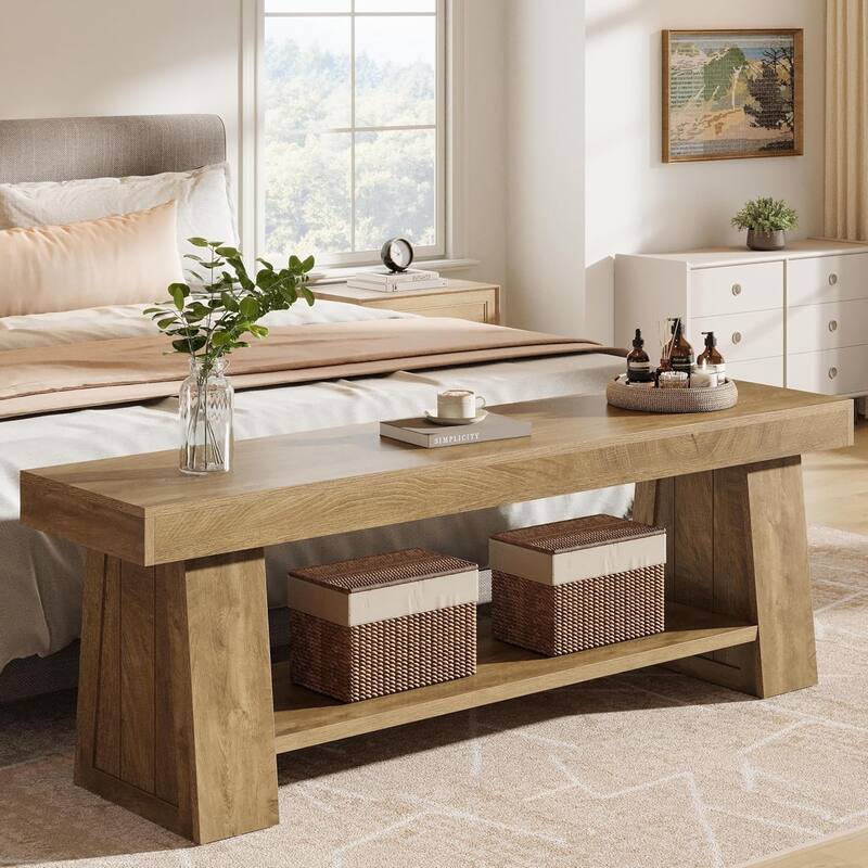 63" Wooden Entryway Bench with Storage Shelf, Extra Long Bench, Hallway Bench for Living Room, Bedroom, Kitchen - Brown