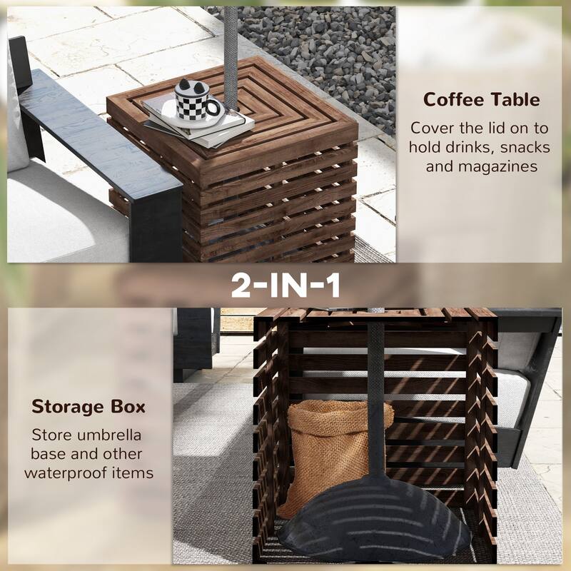 Wooden Umbrella Stand Storage Box with Coffee Table Top Fits 1.5 to 1.9 Inch Poles for Outdoor Patios