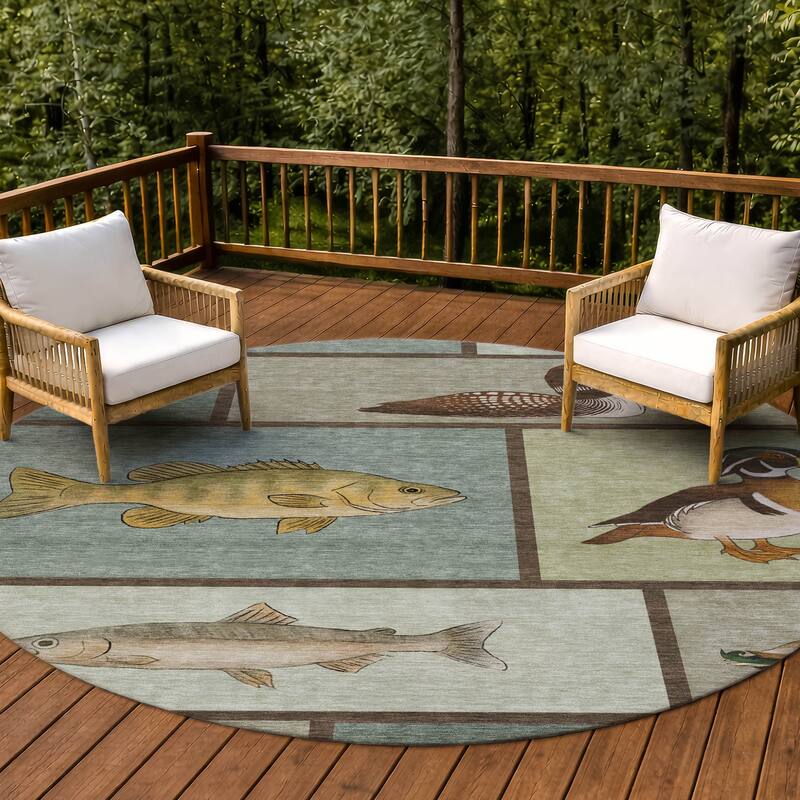 Machine Washable Indoor/ Outdoor Cabin Lodge Chantille Rug - Green - 8' x 8'