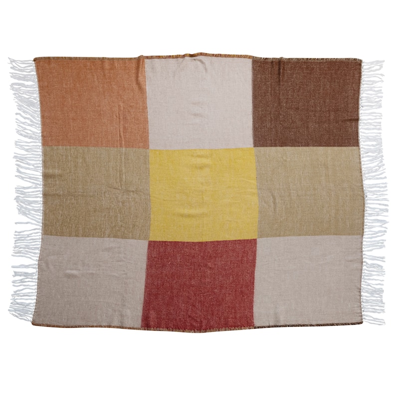 Cotton Blend Throw Blanket with Block Print and Fringe - Multi - 60.0"L x 50.0"W x 0.3"H - Multi