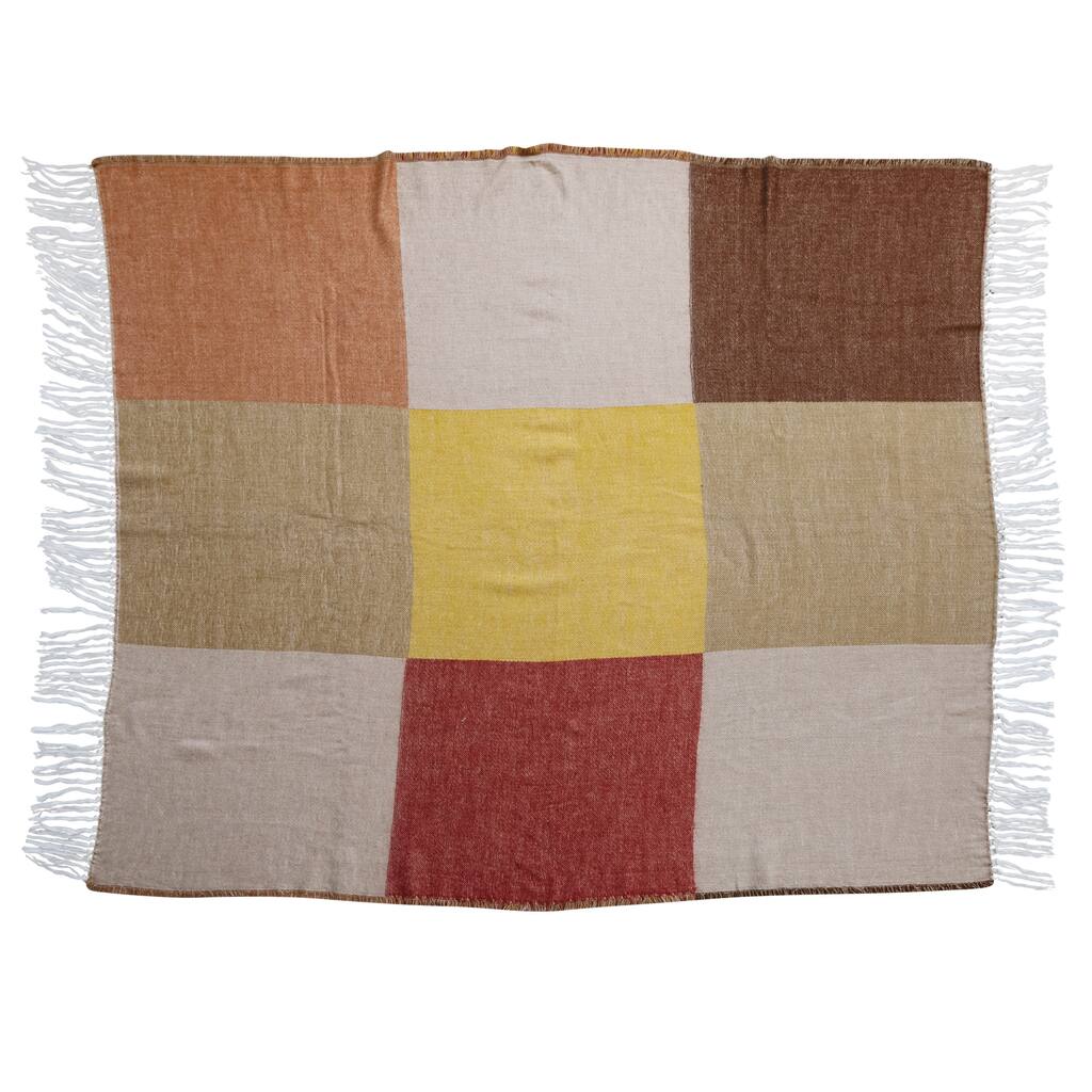 Cotton Blend Throw Blanket with Block Print and Fringe - Multi - 60.0"L x 50.0"W x 0.3"H