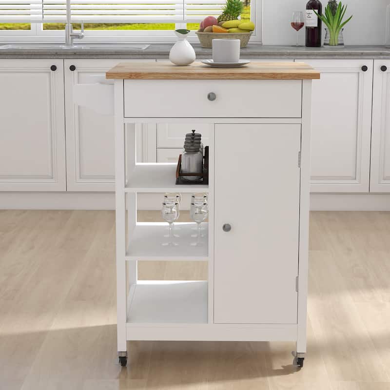 Kitchen Island Cart with Solid Wood Top, Rolling Serving Cart with Drawer, Cabinet, Towel Rack, Open Storage Shelves - White