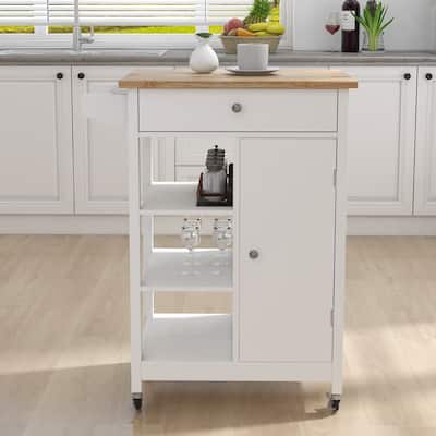 Kitchen Island Trolley Cart with Rubber Wood Table Top Adjustable Shelves Towel and Rack, for Kitchen