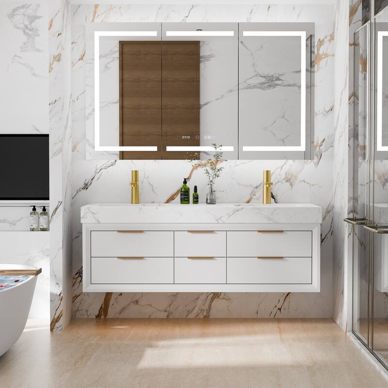 36/48/60 Modern Floating Bathroom Vanity with Sinle/Double Sink & Soft-Close Drawers & LED Lighting & Waterproof, White - 60''double sink