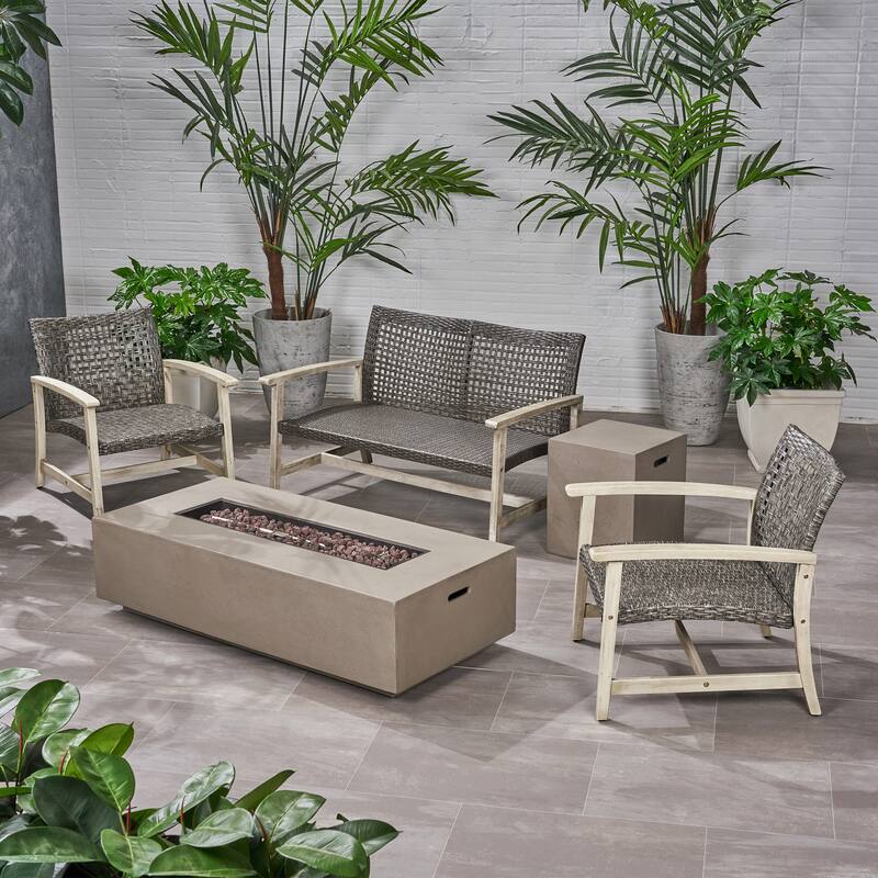Augusta Outdoor Acacia Wood and Wicker 4 Seater Chat Set with Fire Pit by Christopher Knight Home