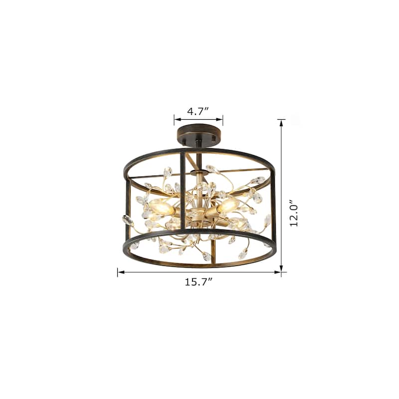 Justina 4-Light Crystal Leaves Drum Semi-Flush Mount - 16 inches D x 16 inches H