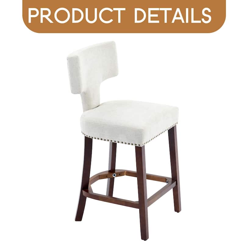 Mid Century Modern Counter Height Bar Stools Set of 2, Farmhouse Linen Fabric Upholstered Accent Chair Curved Backrest