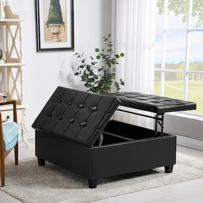 Large Square Faux Leather Storage Ottoman Coffee Table
