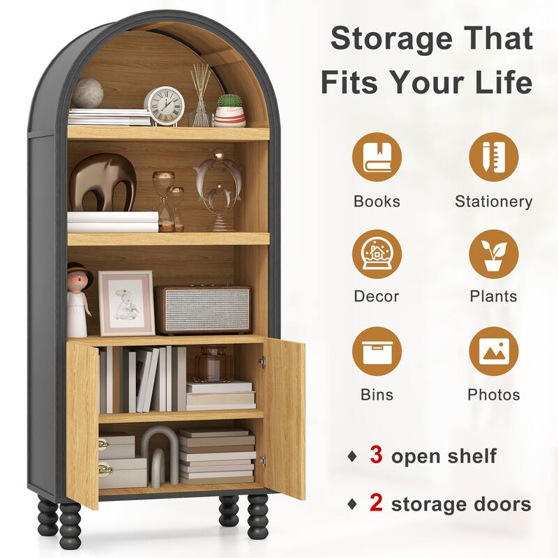 AVAWING 5-Tier Arched Bookcase with Cabinet Doors, Modern Storage Bookshelf for Living Room & Office