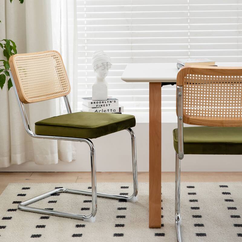 Dining Chairs Set of 2, Velvet Rattan Side Accent Chairs with Chrome Legs,Breuer Designed Chairs,Upholstered Chairs(-2pcs)