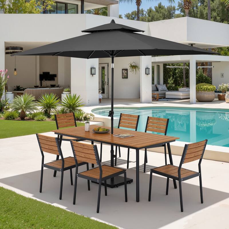 9PC Outdoor Patio Dining Set Wood-Like Aluminum Table with Stackable Chairs,Double Top Market Umbrella and Wheel Base - BrownTable&BrwonChairs&BlackUmbrella