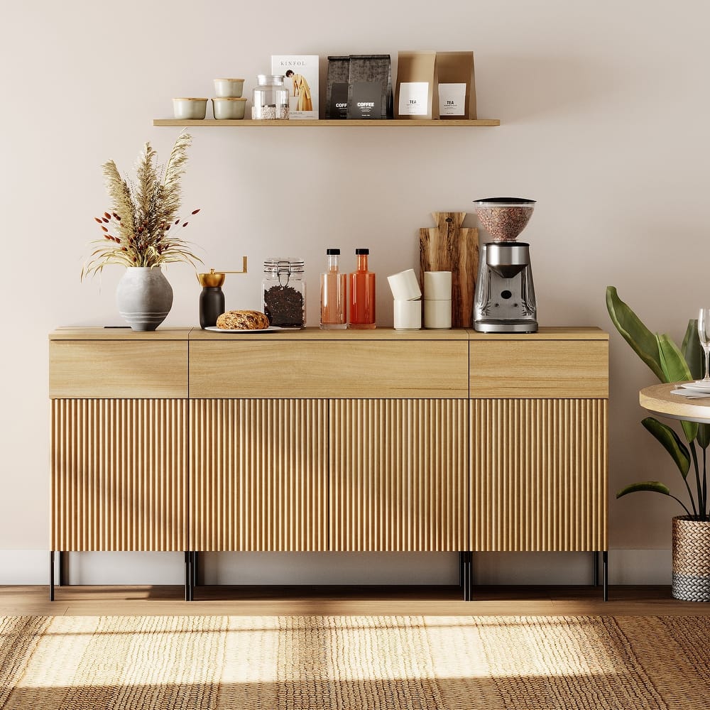 63" Wooden Reeded Sideboard With Doors And Drawers, 3-In-1 Modern Credenza With Charging