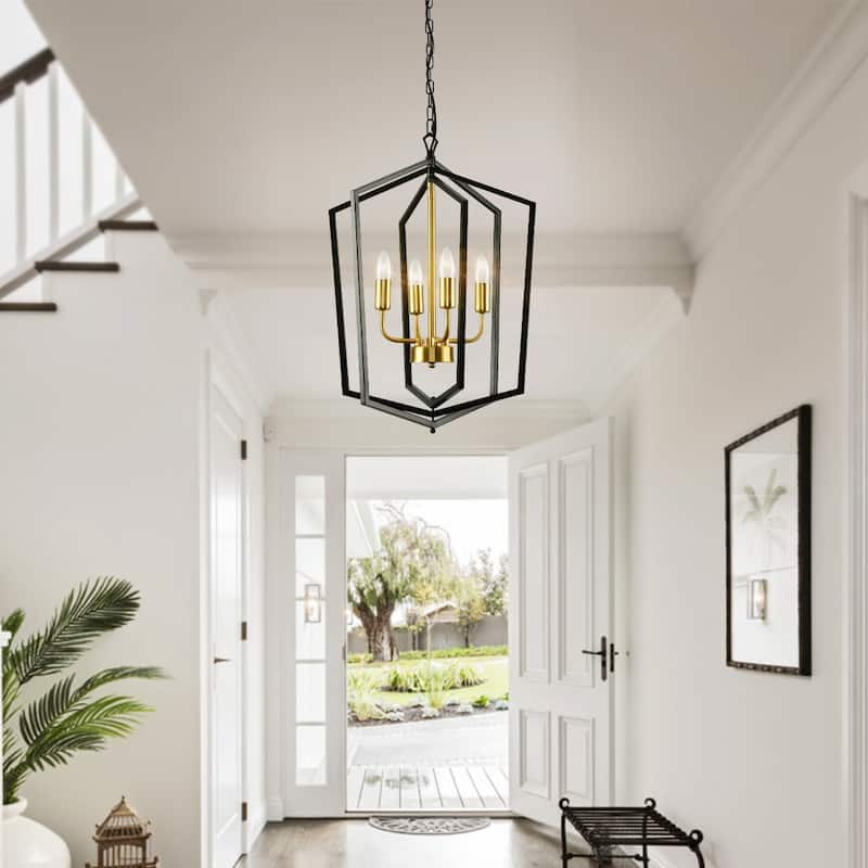 4-Light Farmhouse Lantern Chandelier - N/A - Black&Gold