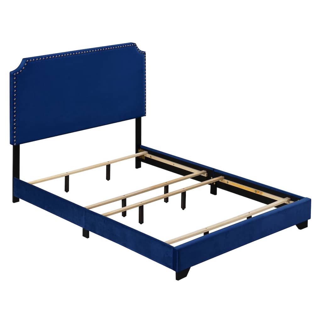 Queen Size Blue Velvet Upholstered Panel Bed with Scooped Headboard