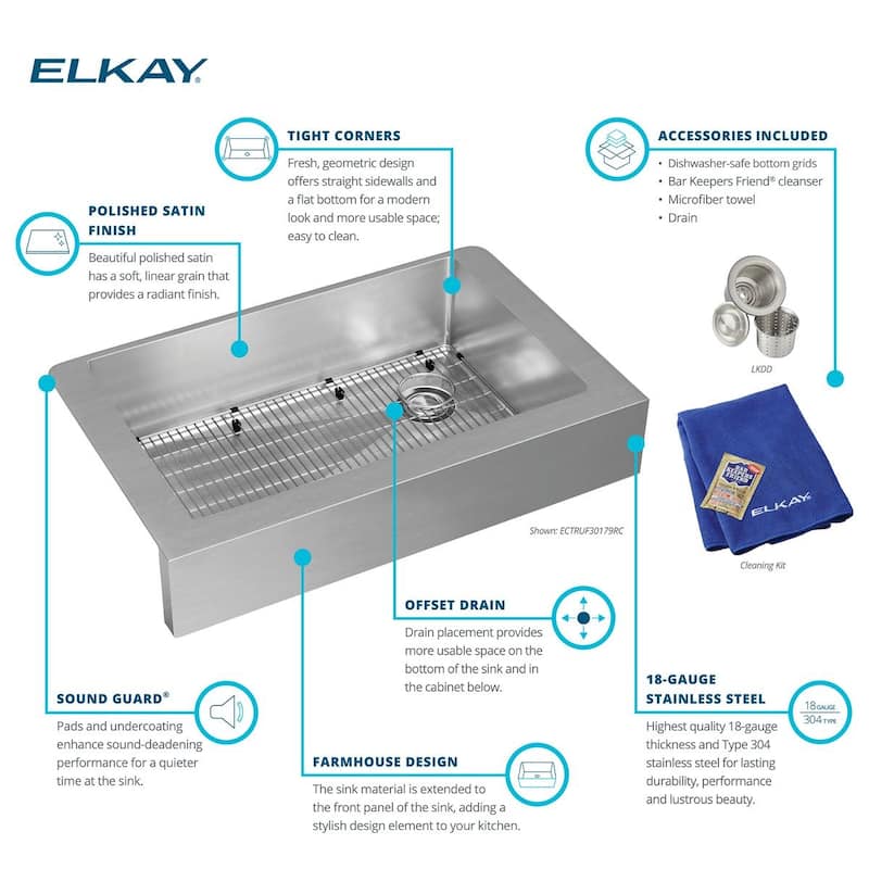 Elkay Crosstown 18 Gauge Stainless Steel 35-7/8" x 20-1/4" x 9", Single Bowl Farmhouse Sink Kit