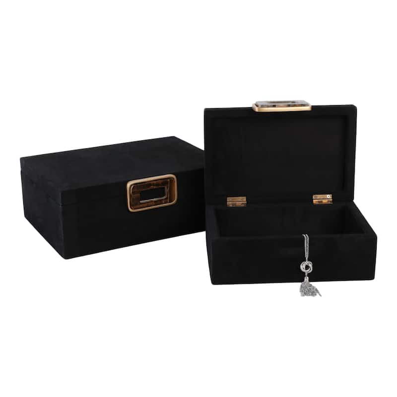 Wood Metal Storage Box Gold Accents (Set of 2) - 4", 5" Black - 14" x 10" x 5"