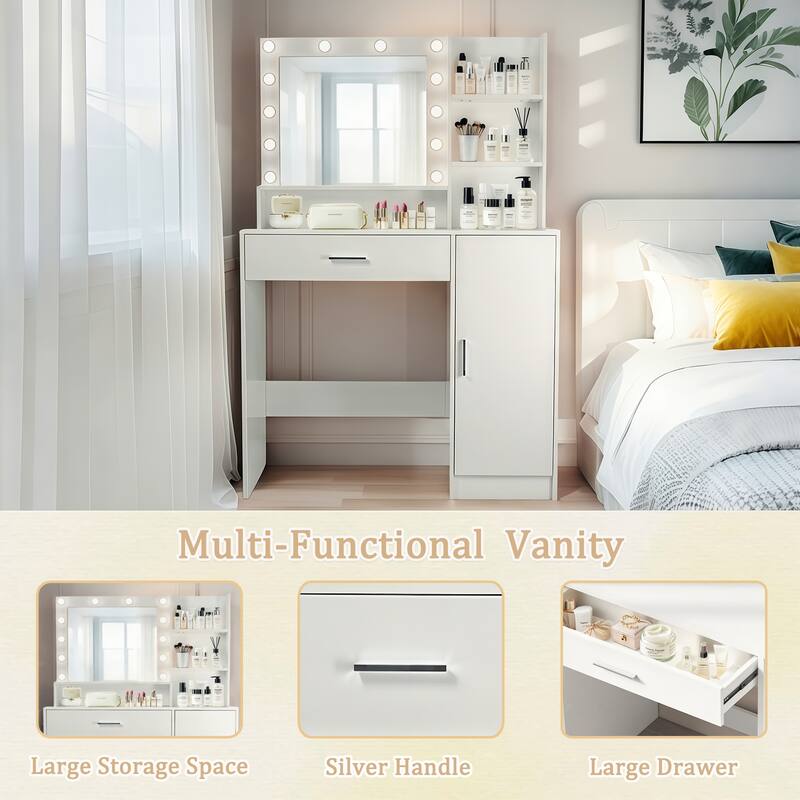 Vanity Desk with Mirror and Lights, Makeup Vanity with Drawer & Storage Cabinet, Adjustable Brightness, with Open Shelves