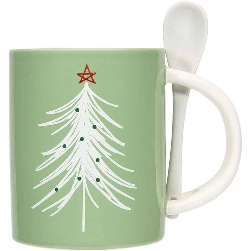 Ceramic Stoneware Green Holiday Tree Mug with Spoon 16 oz.