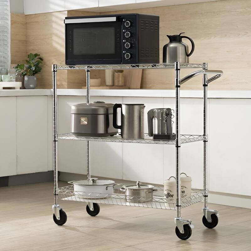 Silver Chrome 3-Tier Utility Cart Rolling Cart with Wheels and Adjustable Shelves - 35" L x 18" W x 40.9" H