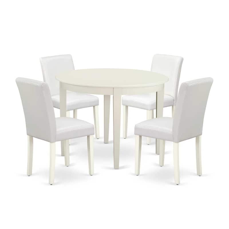 Round Kitchen Table Set 5pc - 42" Table & 4 Parsons Chairs - White PU Leather - Baroque Design