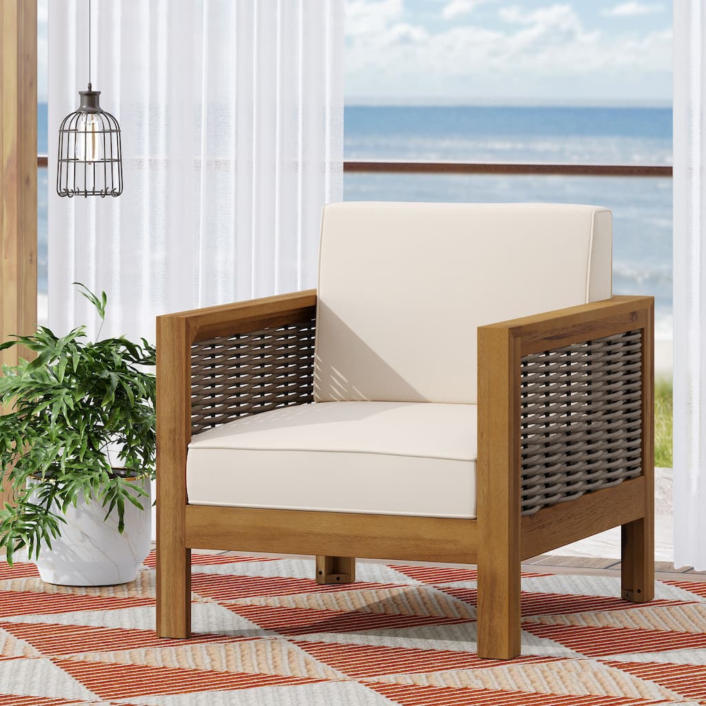 Roomfitters Outdoor Acacia Wood Club Chair with Wicker Accents and Cushions for Patio or Garden, Brown Beige