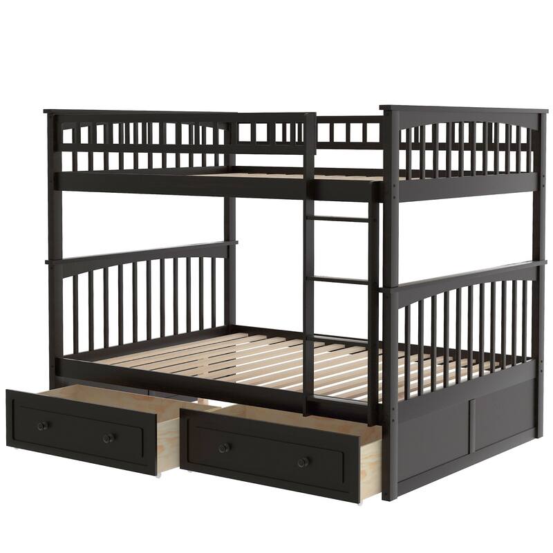 Wooden Storage Bunk Bed Frame with Fence-shaped Guardrails and Pull-out Drawers, Convertible 2 Platform Beds, Detachable Design