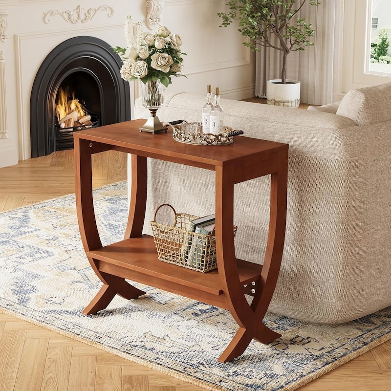 2-Tier Solid Wood End Couch Side Table with Arched Legs for Living Room - 23.6"W × 11.8"D × 23.6"H - Walnut