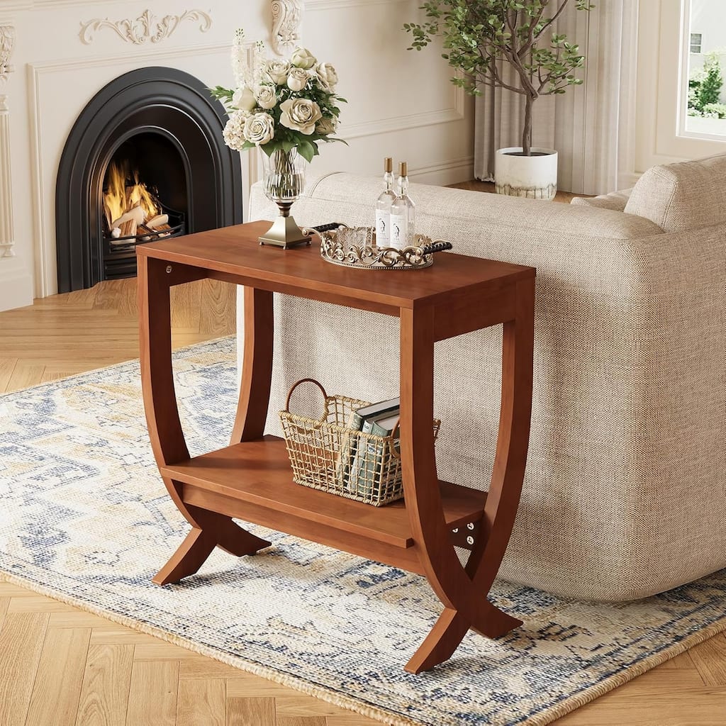 2-Tier Solid Wood End Couch Side Table with Arched Legs for Living Room - 23.6"W × 11.8"D × 23.6"H