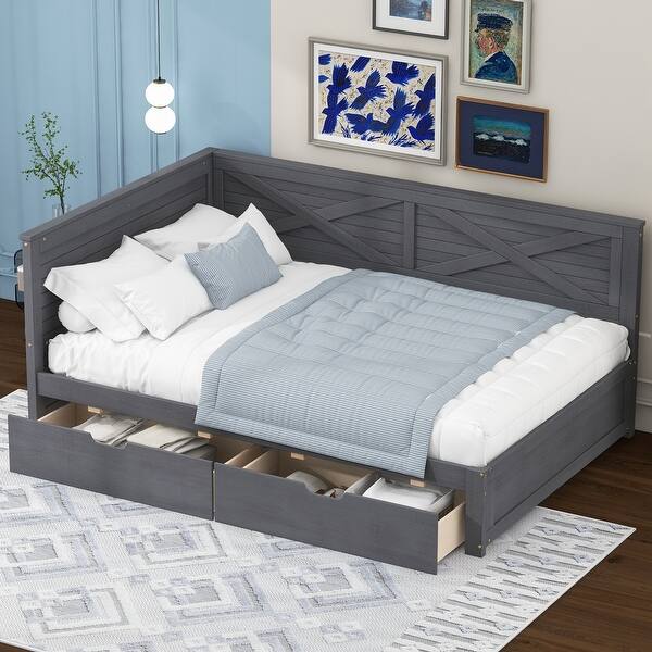 slide 2 of 32, Twin Size Solid Pine Wood Daybed, Sofa Bed Frame with X-Shaped Design Guardrail for Kids Boys Adults
