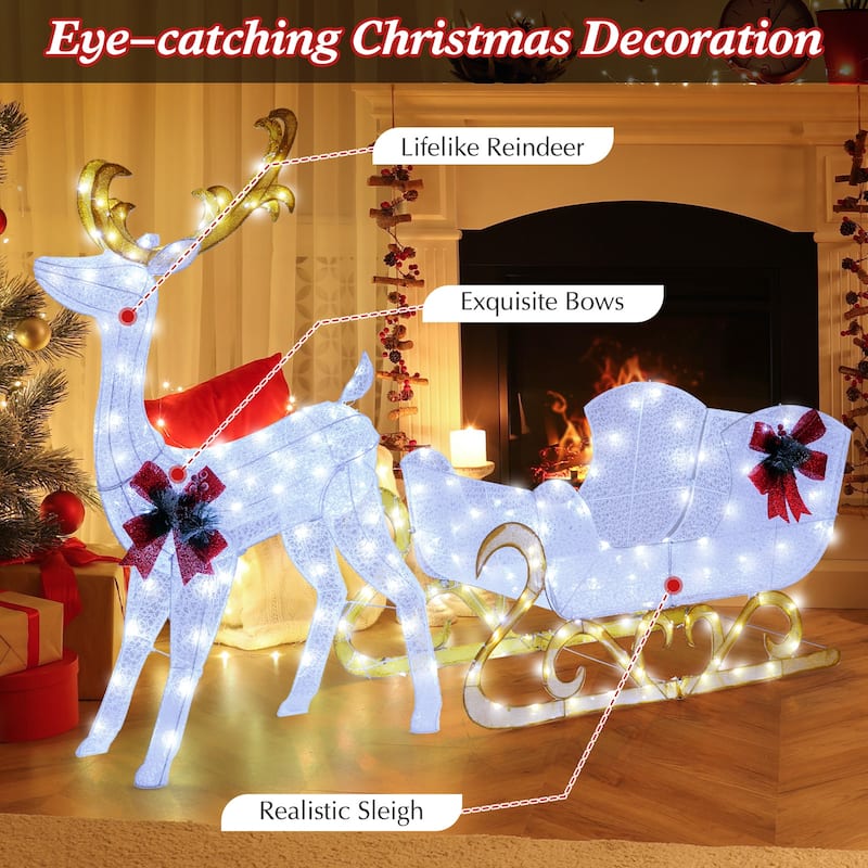 Lighted Reindeer and Sleigh Christmas Yard Decoration with 215 LED Lights for Outdoor Display