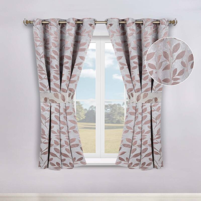 Superior Leaves Machine Washable Room Darkening Grommet With Ties Blackout Curtains, Set of 2
