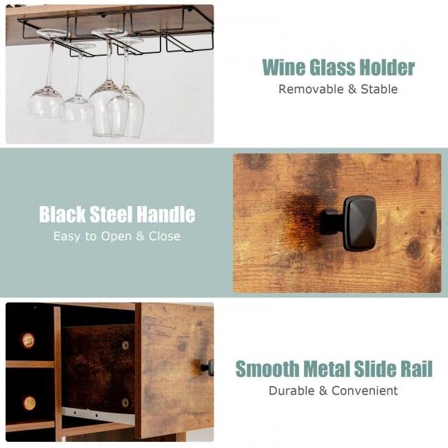 Kitchen Bakers Rack Freestanding Wine Rack Table with Glass Holder and Drawer - 31" x 16" x 64" (L x W x H)