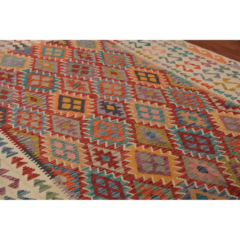 Geometric Kilim Oriental Area Rug Flatweave Wool Carpet - 8'2" x 11'5"