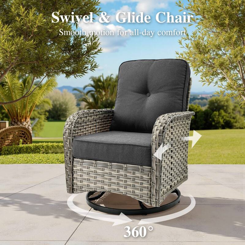 OVIOS 9 Pieces Swivel Chair Set Wide Arm T shaped Seat With Solar-Powered Coffee Table