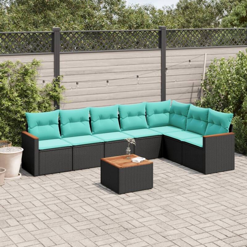 vidaXL Patio Sofa Set with Cushions Outdoor Conversation Furniture Poly Rattan - 24.4x 24.4x 27.2 - Black and Blue-With table