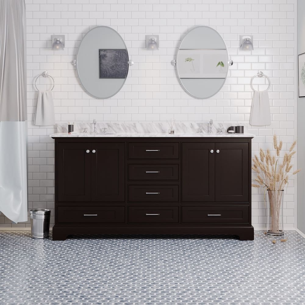 KitchenBathCollection Harper 72" Double Bathroom Vanity with Carrara Marble Top