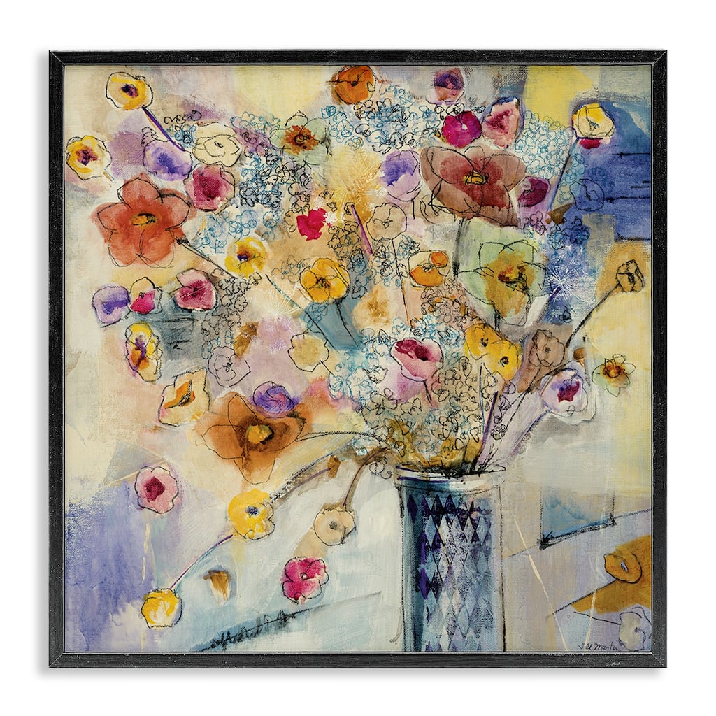Stupell Painted Flowers Line Drawing Framed Giclee Texturized Art - Multi-Color