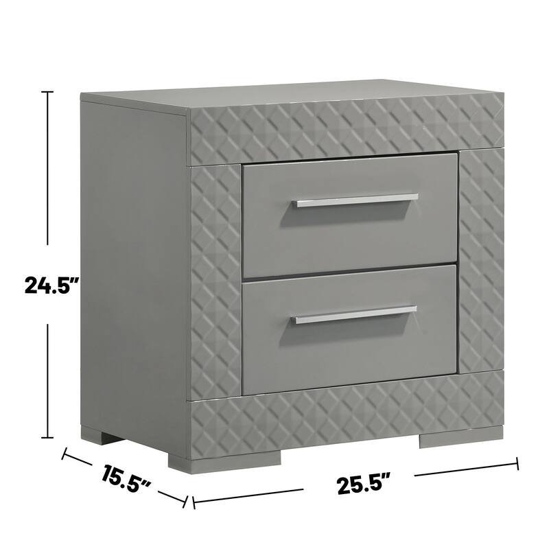 2 Drawers Wooden Nightstand with Chrome Metal Hardware in Grey High Gloss