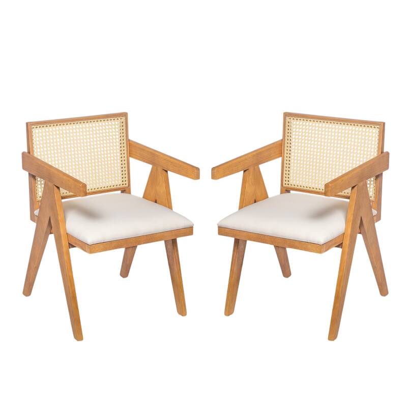 Farmhouse Kitchen Chairs Set of 2, Rattan Back Upholstered Arm Chairs