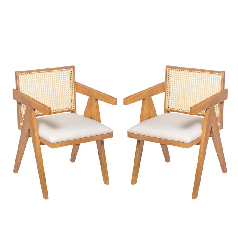Farmhouse Rattan Dining Chairs Set of 2, Upholstered Armchairs with Backrest, Kitchen Side Chairs with Solid Wood Frame - Natural+Beige