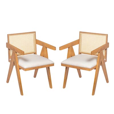 Farmhouse Rattan Dining Chairs Set of 2, Upholstered Armchairs with Backrest, Kitchen Side Chairs with Solid Wood Frame